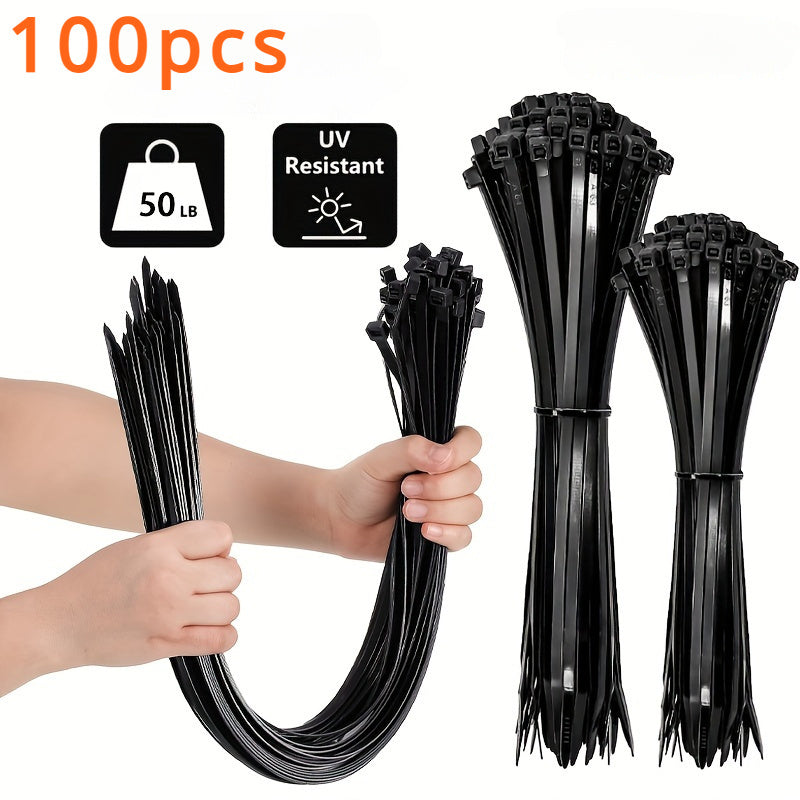 100pcs Black Cable Ties - 4 Sizes (10.01cm, 19.99cm, 30.0cm, 40.41cm) - High Tensile Strength, UV Resistant, Self-Locking for Home & Office Cord Management