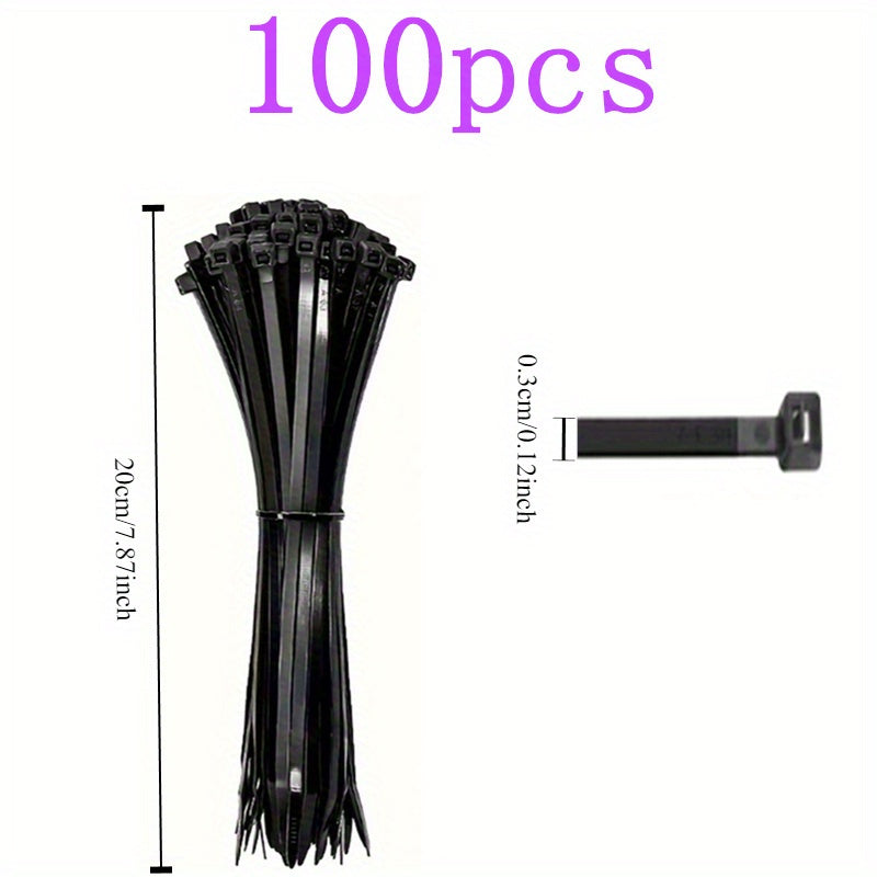 100pcs Black Cable Ties - 4 Sizes (10.01cm, 19.99cm, 30.0cm, 40.41cm) - High Tensile Strength, UV Resistant, Self-Locking for Home & Office Cord Management