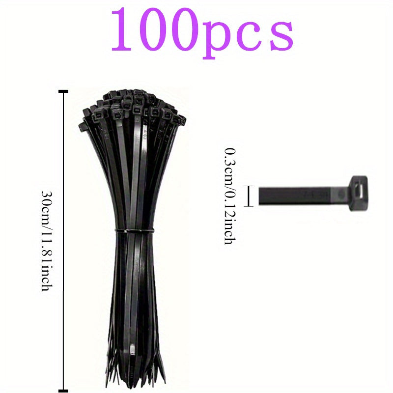 100pcs Black Cable Ties - 4 Sizes (10.01cm, 19.99cm, 30.0cm, 40.41cm) - High Tensile Strength, UV Resistant, Self-Locking for Home & Office Cord Management