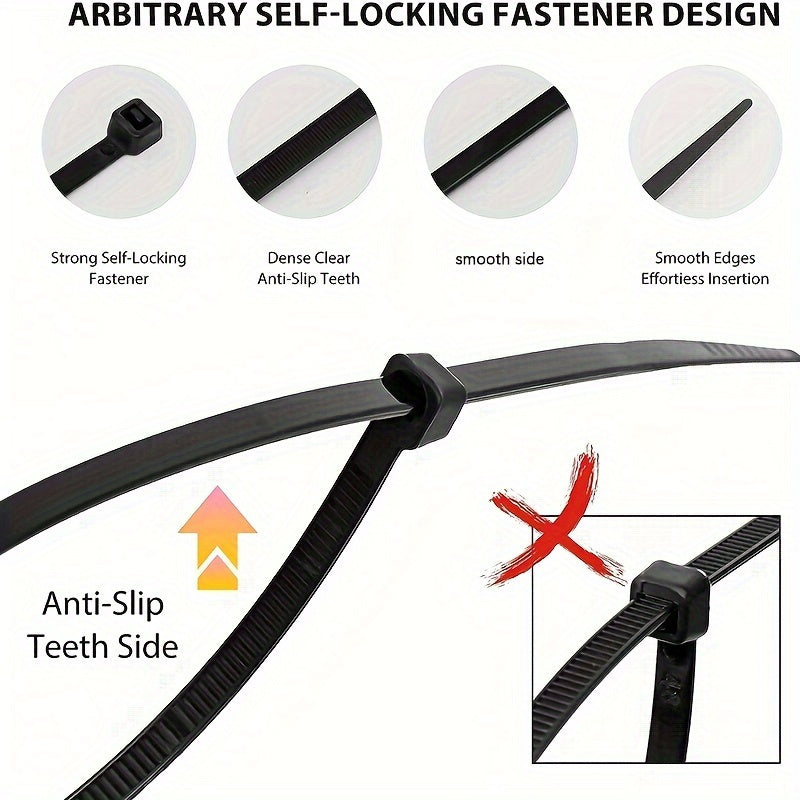 100pcs Black Cable Ties - 4 Sizes (10.01cm, 19.99cm, 30.0cm, 40.41cm) - High Tensile Strength, UV Resistant, Self-Locking for Home & Office Cord Management