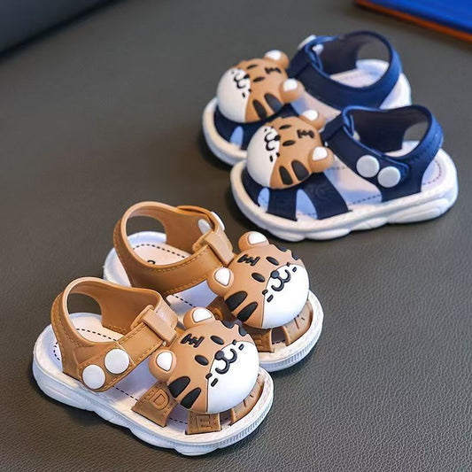 Infant Boys Cartoon Tiger Sandals 2023 Summer Anti-Slip Soft Sole Baby Toddler Walking Shoes with Buckle Closure, Low Top PVC Upper and Sole - for Kids Ages 0-3