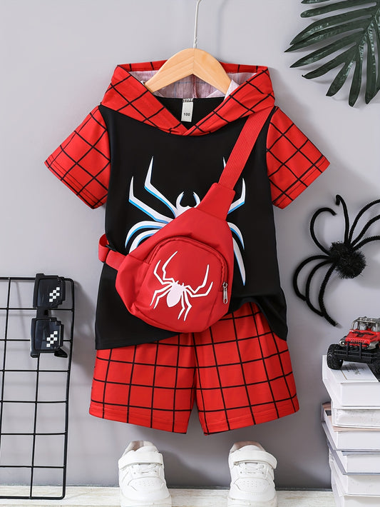 3pcs set of boys' casual and fashionable spider pattern printed short-sleeved hoodies and spider web pattern digital printed shorts and spider bag pattern printed suit, boys' summer comfortable and lightweight trendy sportswe