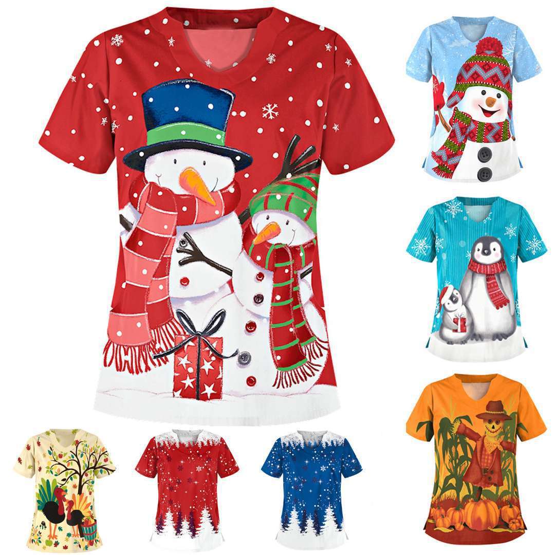 Christmas clothing printed shirt V-neck short-sleeved t-shirt women