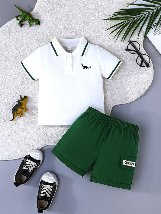 Boys Summer Casual Short Sleeve Polyester Dinosaur Print Shirt and Letter Patch Shorts Set, Regular Fit, Half Placket, No Belt, Slight Stretch Fabric, Knit Fabric, for Outdoor