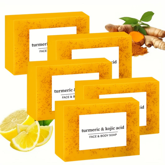 5pcs Turmeric Curd Lemon Soap, containing Vitamin E, Retinol, suitable for facial, body, neck, armpit, bikini area cleaning, moisturizing, oil control, improving and evening skin tone, brightening skin, suitable for all skin
