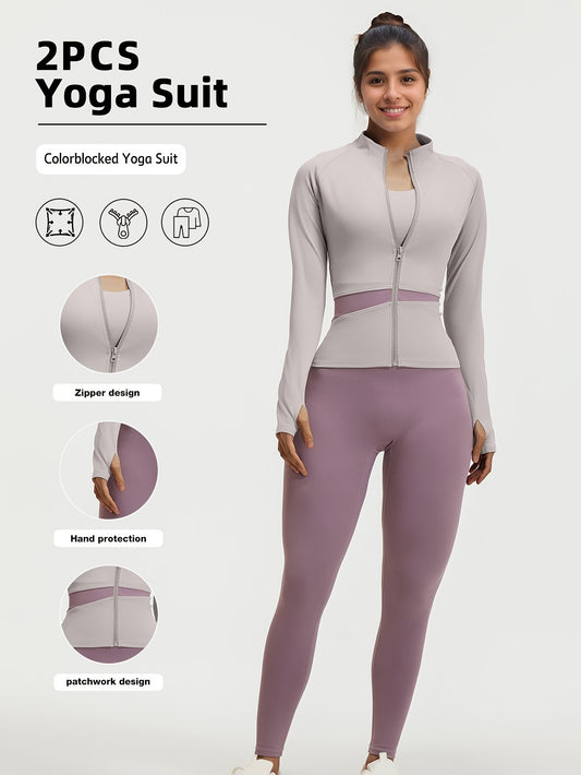 Two Piece Women's Sports Set Colorblocked Fitness Set Athletic Top and High Waisted Leggings Euro Size Fit for Running, Fitness and Yoga