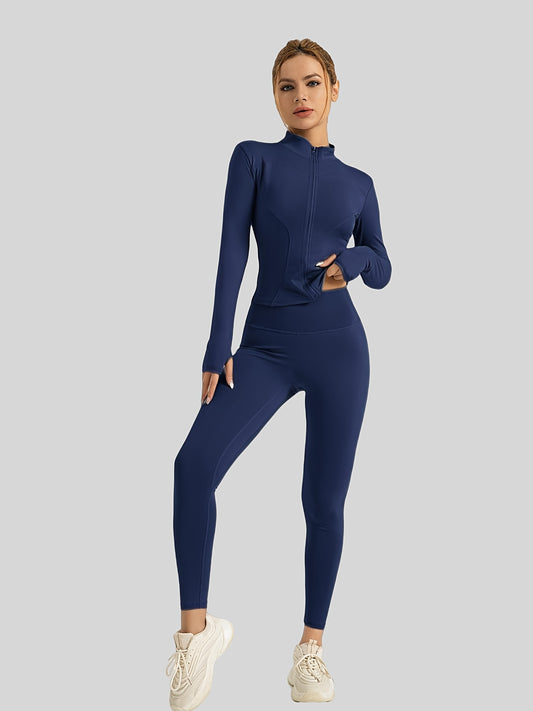 Women's Sports Tight Top and Fitness Pants Set, for Gym Skiing Running, High Elasticity Stand-up Collar Slimming No Trace High Waist Lift Butt