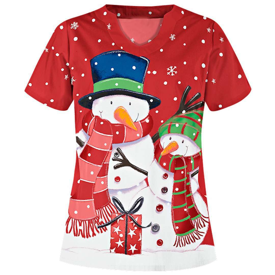 Christmas clothing printed shirt V-neck short-sleeved t-shirt women