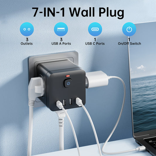 1pc Multi-Function 7-in-1 Wall Plug with Surge Protection, 3 AC Outlets, 4 USB Ports (1 USB C), European Standard Plug, 110V/220V Compatible, Desk Charging Station for Office, School, Travel - Black/White