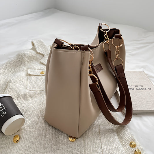 Chic Large Capacity Tote Bag for Women - Versatile Shoulder Bag with Chain Strap, Perfect for Work & School - Available in Khaki, Cream, Black
