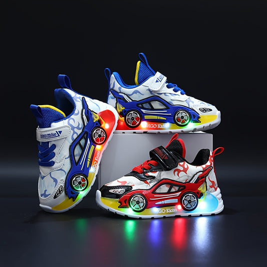 MGO Kids Light-Up Sneakers, Cartoon Car Design, LED Running Shoes for Boys & Girls, Casual All-Season Mesh Upper, Round Toe, Low Top, Disposable Battery, Ages 14 & Under, Spring/Summer/Fall Collection