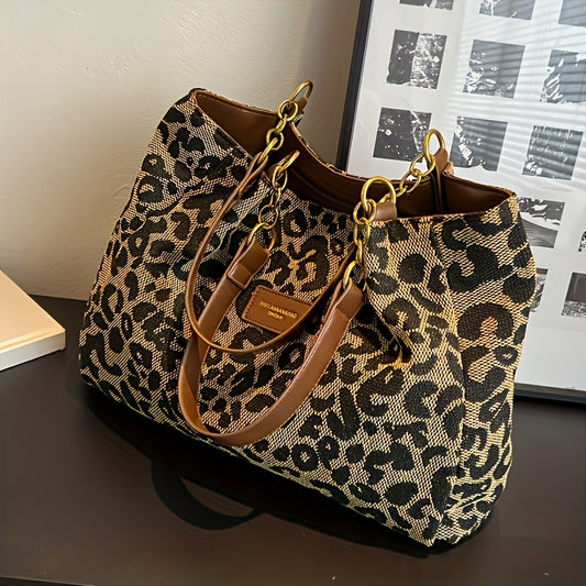 Stylish Leopard Print Canvas Tote Bag with Brown Handles & Golden-Tone Hardware, Spacious Shoulder Handbag for School, Work, or Shopping, Work Shoulder Bag | Bold Leopard Print | Oiledge Finish