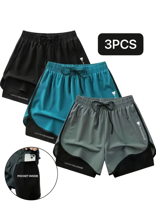 3pcs Men'S Sports & Casual Running Shorts - Stretchy, Breathable, Quick-Dry, Anti-Glare with Pockets, Solid Colors (Black, Green, Teal), Drawstring Waist, Polyester Fabric, Perfect for Fitness & Outdoor Activities, Workout Sh