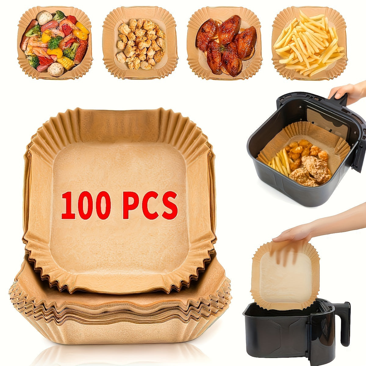 50/100/200pcs-Air Fryer Disposable Paper Liner, Square Air Fryer Liner Suitable for 2-8QT, Oil-proof without Tray - Kitchen Accessories, Non-stick Parchment Paper for Frying, Baking, Cooking, Grilling and Microwave