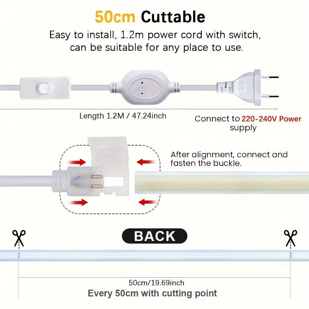 1 Pack 220V COB Flexible LED Strip, 288leds/m, 12W/M LED Strip Lights, 1m Cuttable Outdoor Garden LED Strip Light For Kitchen Bedroom, Free Accessories And 1.2m EU Plug With Switch