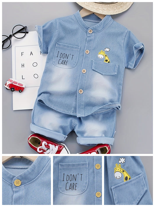 Newborn Baby Boys Casual Trendy Cute Cartoon Faded Denim Short Sleeve Top & Shorts Outdoor Set For Summer Holiday Party Baby Clothes