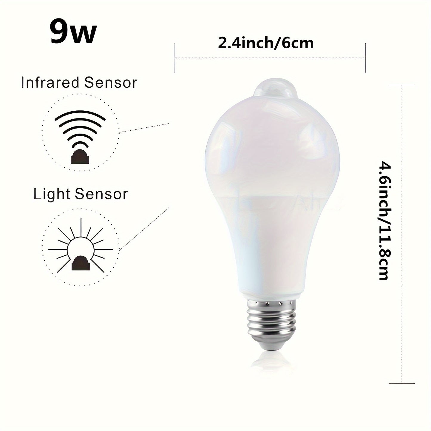 1pc Motion Sensor LED Light Bulb, 9W & 12W Aluminum Shell, E27 Base, Infrared Human Body Detection, 350-500 Lumens, Ideal for Hallways, Studios, Porches, Garages & Patios, Motion Sensor Light Indoor