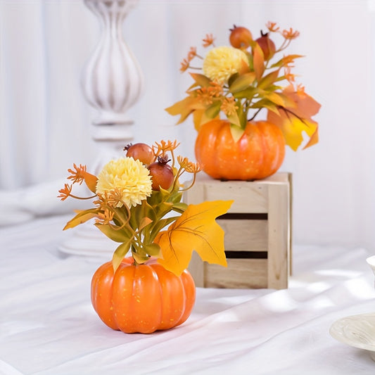 Artificial Pumpkin Centerpiece with Chrysanthemum, Maple Leaves, and Pomegranate Fruits - Plastic Housewarming Home Decor for Various Room Types, Tabletop Halloween and Labor Day Decorations - 1pc 15cm Pumpkin Shaped Arrangem