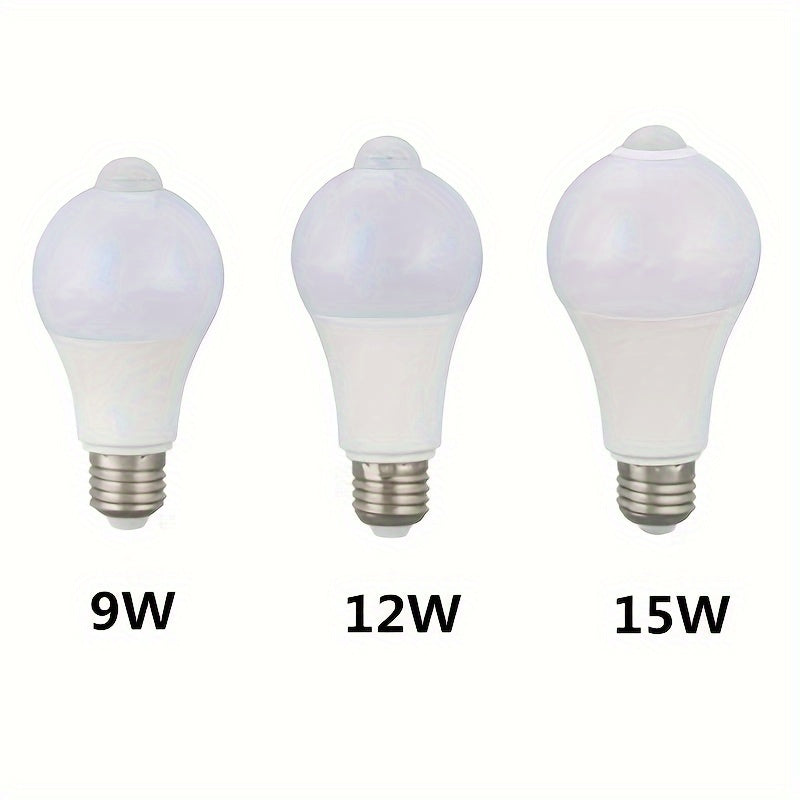 1pc Motion Sensor LED Light Bulb, 9W & 12W Aluminum Shell, E27 Base, Infrared Human Body Detection, 350-500 Lumens, Ideal for Hallways, Studios, Porches, Garages & Patios, Motion Sensor Light Indoor