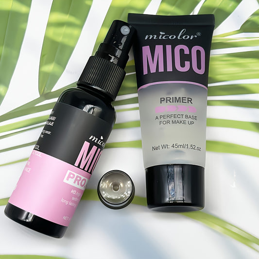 2pcs MICO Makeup Primer and HD Long-Lasting Setting Duo, Pore Minimizing & Color Enhancing Cosmetic Duo, Smooth Finish, White Shade, Under 1 fl oz