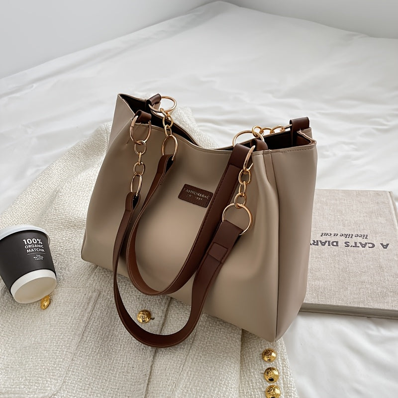 Chic Large Capacity Tote Bag for Women - Versatile Shoulder Bag with Chain Strap, Perfect for Work & School - Available in Khaki, Cream, Black