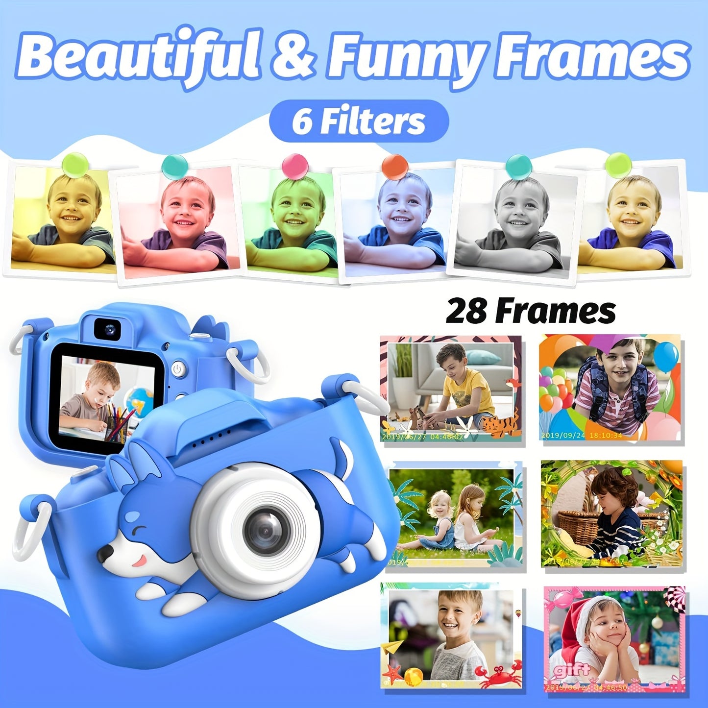 Kids Digital Camera Toy with 32G SD Card, 1080p IPS Screen, USB Charging, Rechargeable Lithium Polymer Battery, Non-Waterproof, Blue with Cartoon Silicone Lid, Includes 6 Beautiful & Funny Frames, Perfect for Boys 3-12 Years