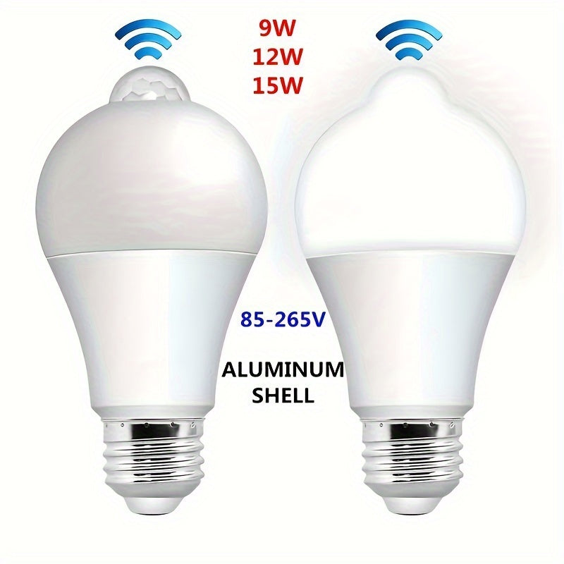 1pc Motion Sensor LED Light Bulb, 9W & 12W Aluminum Shell, E27 Base, Infrared Human Body Detection, 350-500 Lumens, Ideal for Hallways, Studios, Porches, Garages & Patios, Motion Sensor Light Indoor