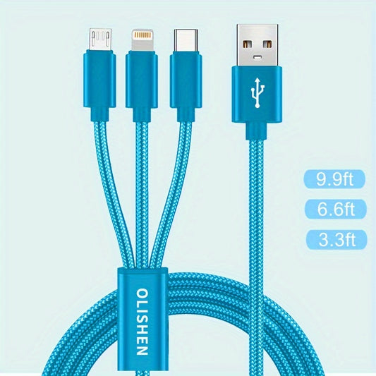 كابل شحن USB مضفر من النايلون 3 في 1 من OLISHEN بطول متعدد 100.58 سم/201.17 سم/3.02 متر - سلك توصيل USB إلى Lightning/Type-C/Micro USB للشحن السريع، مستدير غير لامع 36 فولت من ذكر إلى ذكر، متوافق مع نقل البيانات، 10