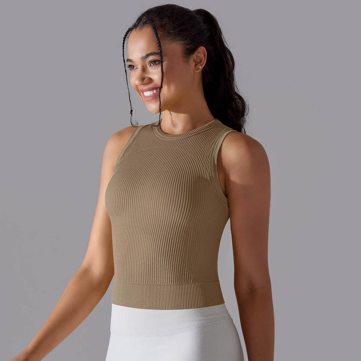 Knitted Solid Color Thread Mid-length Yoga Clothing Top Women