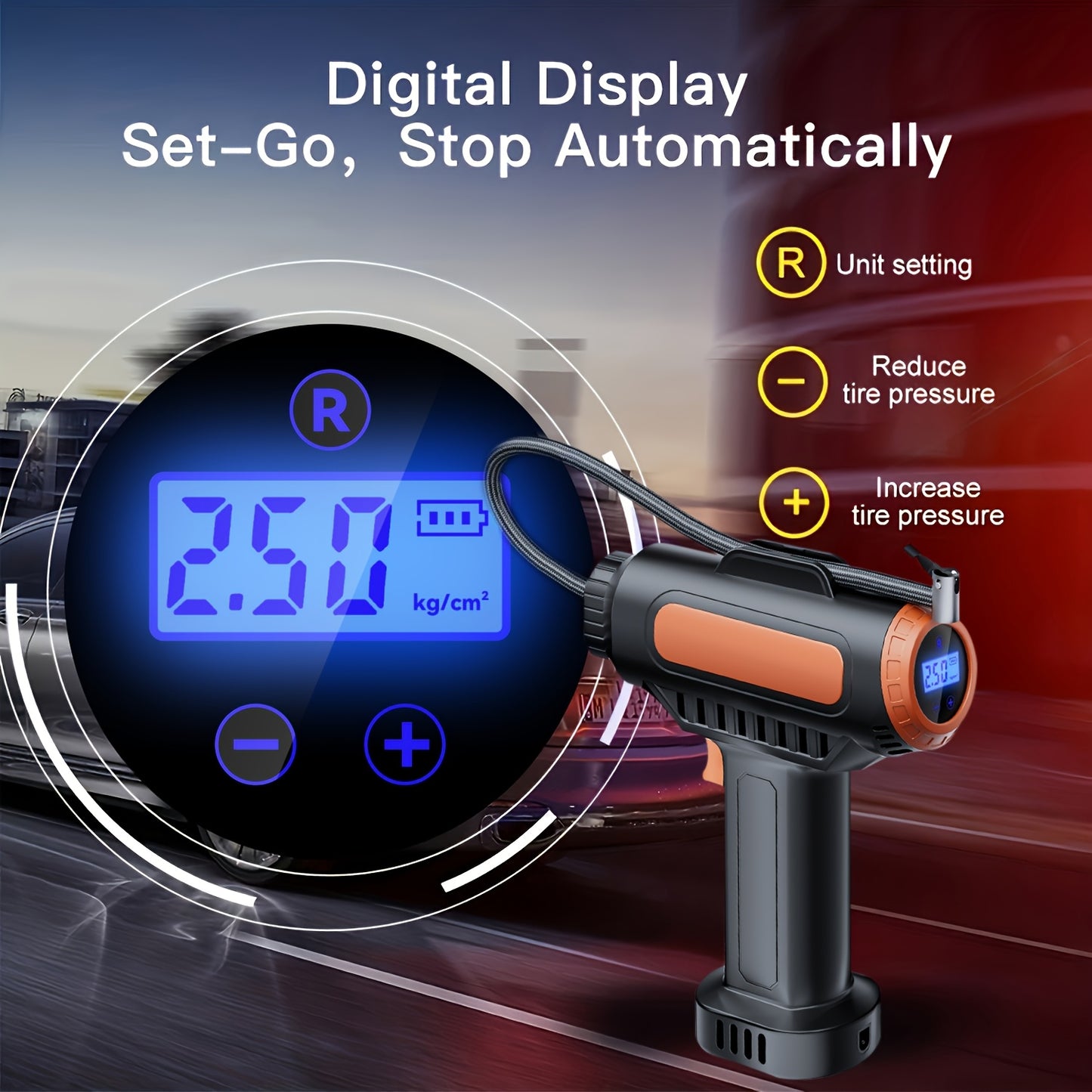 1pc Portable Tire Inflator Air Compressor With LED Light, High Power 2000mAh Battery, With Digital Smart Pressure Gauger, Fast Inflatable Car & Motorcycle Tire Pump