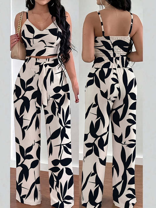 Women'S 2pcs Set Elegant Floral Print Polyester Waistcoat and Wide Leg Pants, V-Neck Sleeveless Top with Front Tie Detail, Regular Fit Spring/Summer Pullovers, 160gsm Woven Fabric
