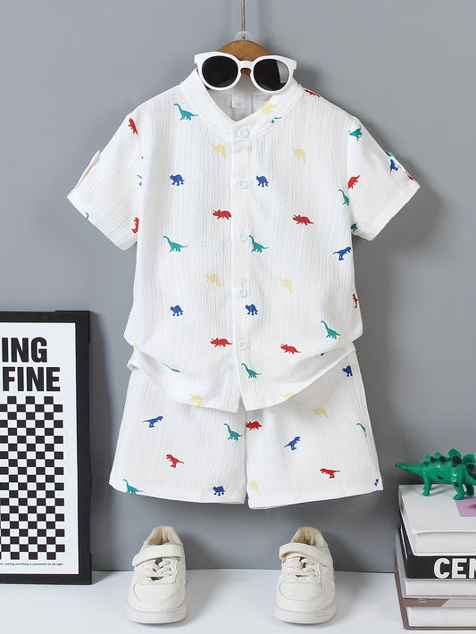 ' Casual Dinosaur Print Short Sleeve Shirt & Shorts Set - Light Blue, Button-Up Collar, Non-Stretch Fabric, Perfect for Spring/Summer Outfits, Dinosaur Party Wea, for Outdoor
