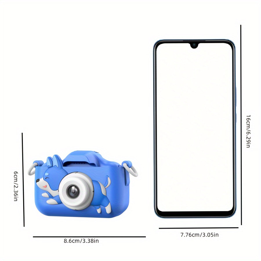 Kids Digital Camera Toy with 32G SD Card, 1080p IPS Screen, USB Charging, Rechargeable Lithium Polymer Battery, Non-Waterproof, Blue with Cartoon Silicone Lid, Includes 6 Beautiful & Funny Frames, Perfect for Boys 3-12 Years