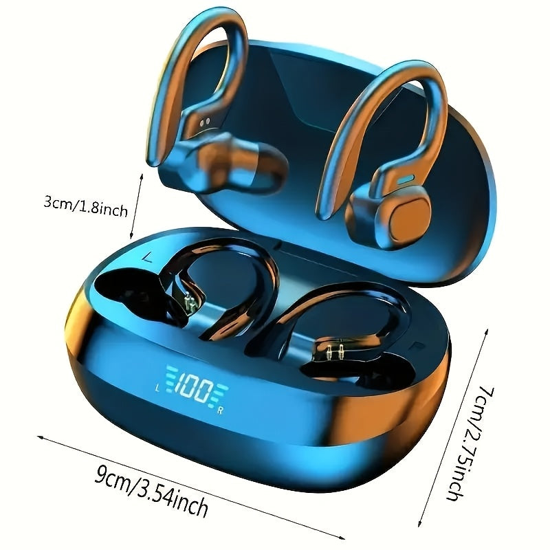 Wireless earphones with built-in high-definition microphone, LED screen charging case, automatic pairing for long-lasting battery life, suitable for sports, cycling, driving, and daily use. Ear hanging earplugs are painless t