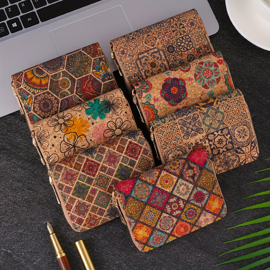Bohemian Vintage Mini Wallet, Floral Pattern Short Cork Coin Purse, Ethnic Style Credit Card Holder