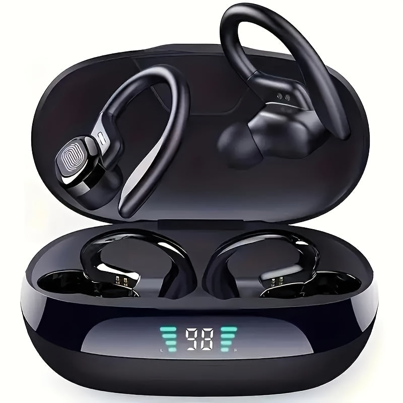 Wireless earphones with built-in high-definition microphone, LED screen charging case, automatic pairing for long-lasting battery life, suitable for sports, cycling, driving, and daily use. Ear hanging earplugs are painless t