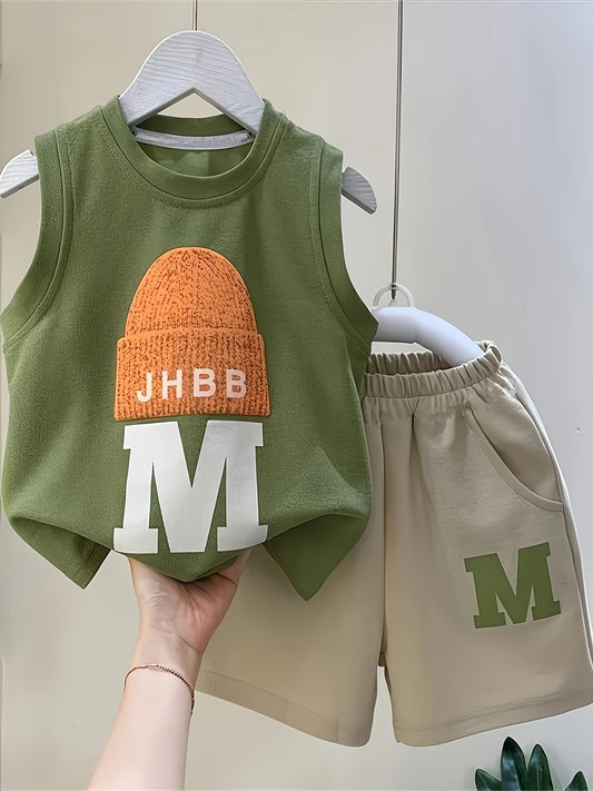 2pcs Cotton Set For Baby Boys, Summer Casual Sleeveless Round Neck Vest With Cap Design & Shorts, Fashionable Outfit Set, Green/Beige, Kids Comfort Wear, Outdoor Cloth