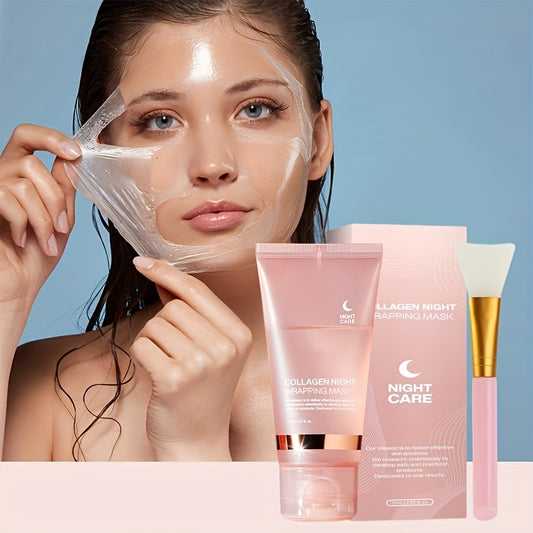 1pc Collagen Night Care Wrapping Mask with Applicator Brush, 75ml - Hydrating & Firming Facial Treatment for All Skin Types, Alcohol-Free, Unscented, Moisturizing with Hyaluronic Acid & Niacinamide