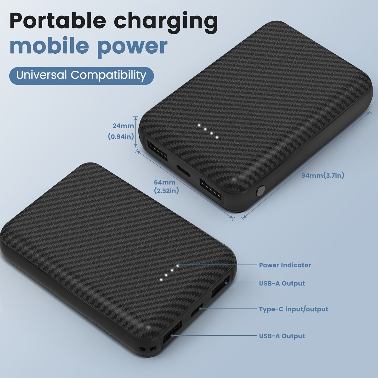 12000mAh USB-C Power Bank - 5V/2.4A Rechargeable Battery Pack for Heated Vests, Jackets & Seat Cushions with 3 Output Ports - Ideal for Smartphones & Tablets