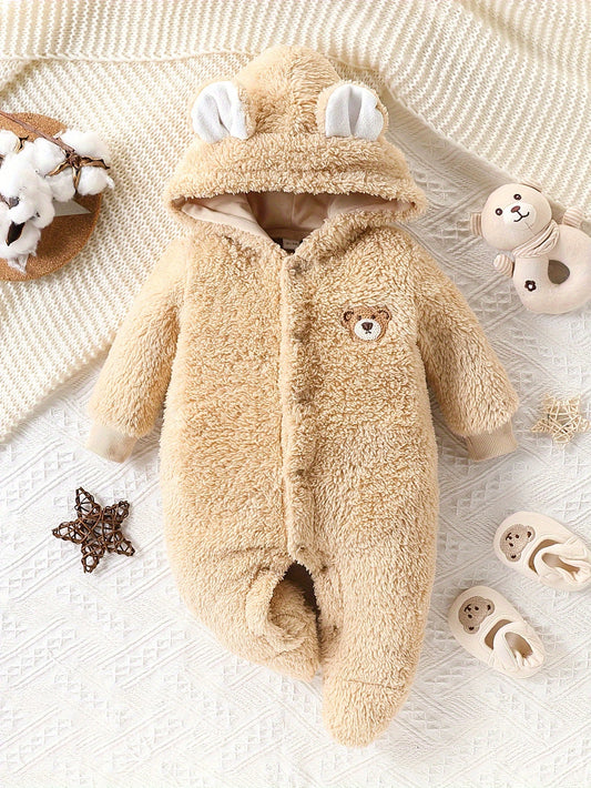 Cozy Fleece Bear Hooded Romper for Kids - Long Sleeve, Button-Up Winter Bodysuit with Cute Animal Design, Perfect for Outdoor, for Winter, Autumn