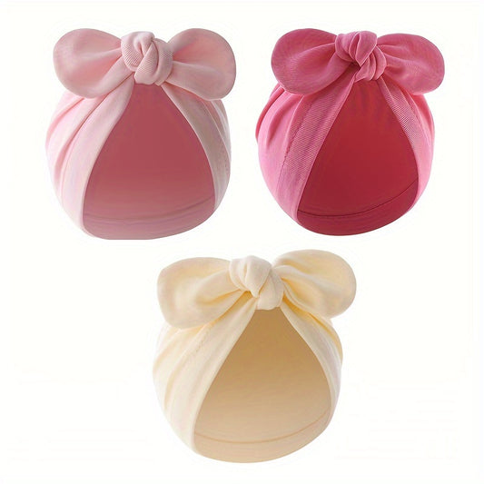3-Pack Cotton Baby Turban Hats with Bow - Soft Newborn Beanies, Hand Washable, Fitted Cap for Birthdays, Fantasy Themed, Lightweight Woven Headwear for Ages 0-3 Years