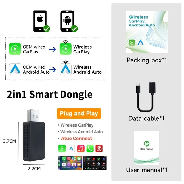 Adaptateur sans fil Carplay Android Auto 2 en 1 Smart Dongle 2025 5G WIFI pour iPhone Téléphone Android pour Volvo Benz Mg Kia Chery VW