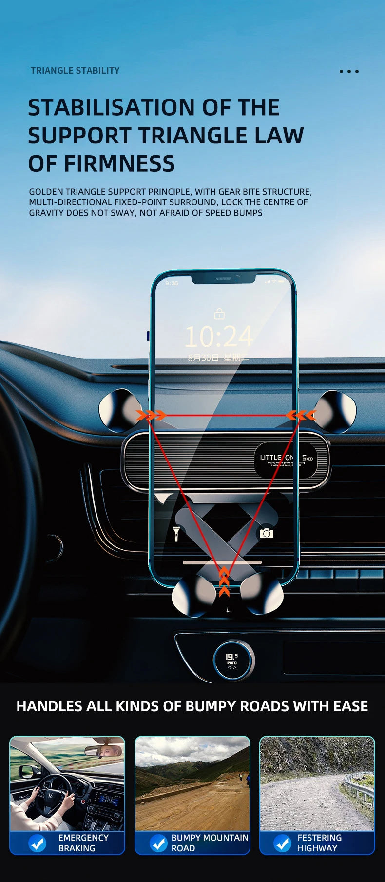 Support de téléphone portable pour voiture avec gravité, clip de ventilation, support de navigation, rotation à 360 degrés, sortie d'air, support pour smartphone de 4,7 à 7 pouces