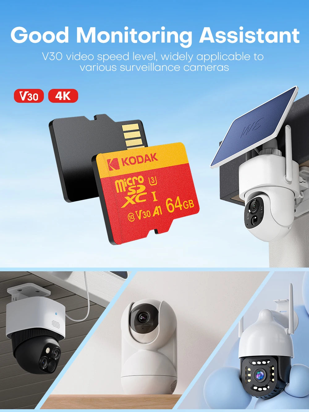 Carte mémoire MicroSDXC Kodak 32G 64G 128G 256G haute vitesse C10 4K V30 UHS-I pour smartphones, appareils photo, drones avec adaptateur