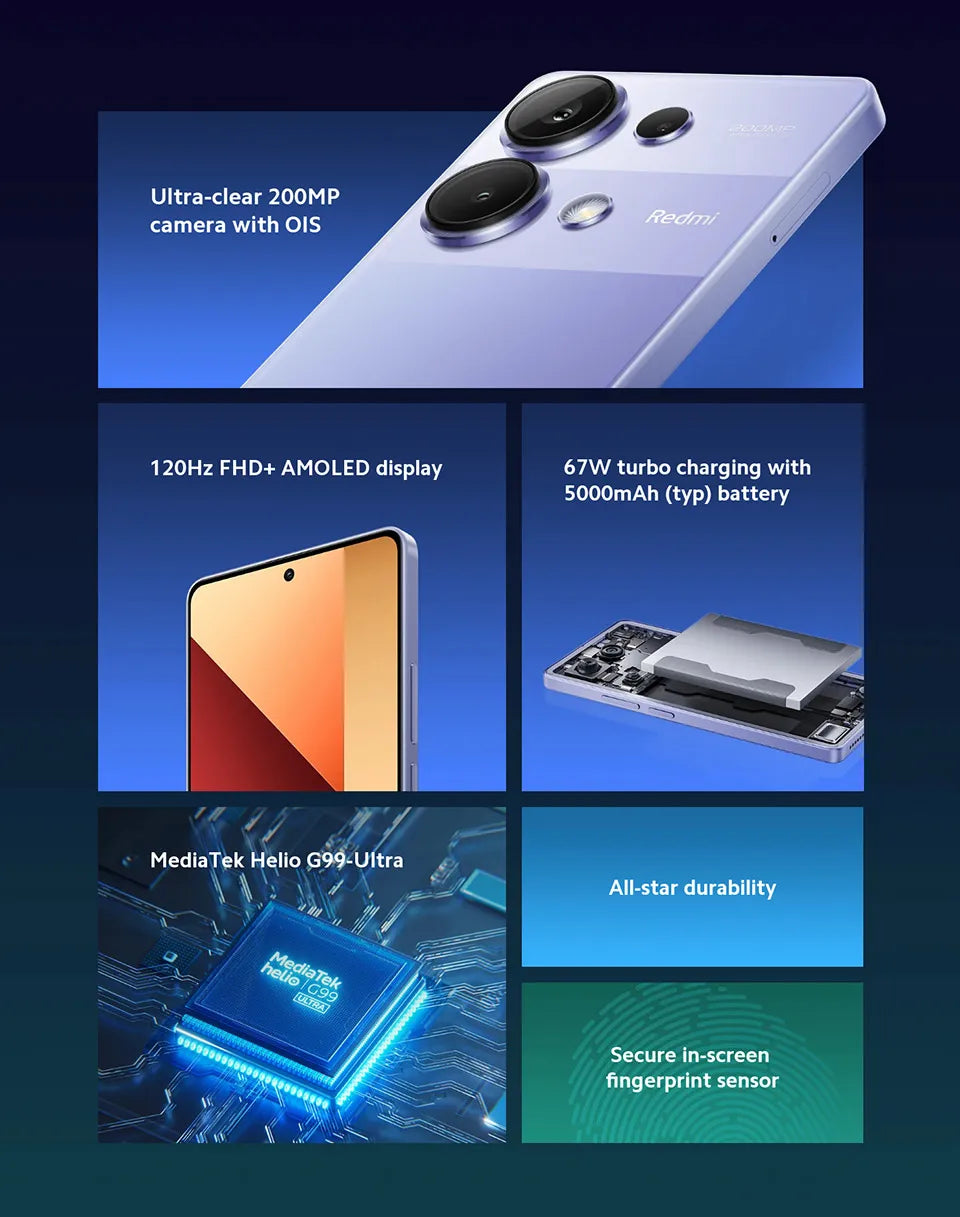 Nouvelle version mondiale du smartphone Xiaomi Redmi Note 13 Pro 4G MTK Helio G99-Ultra 6,67" écran AMOLED 67W Turbo Charge avec 5000mAh