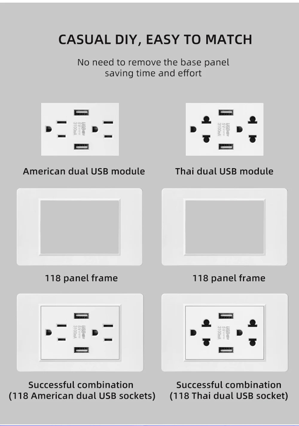 Herepow 118 Series Thailand American Standard Dual USB Wall Socket Smart Home Appliance Plug Adapter Type-c 3.1A Fast Charging