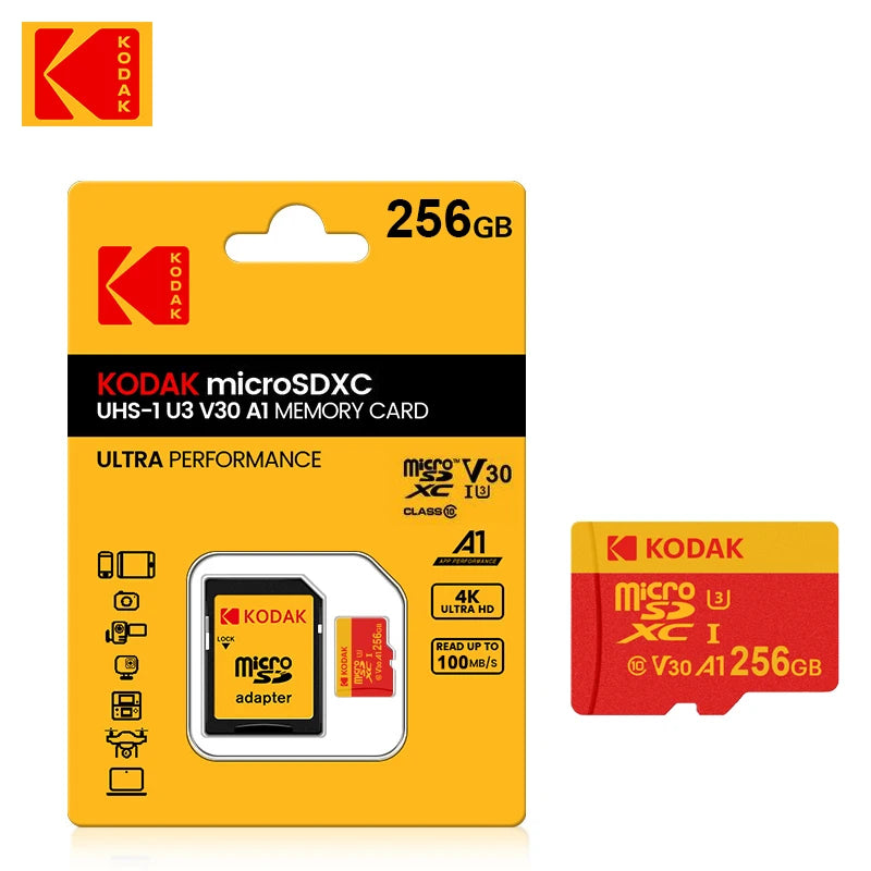 بطاقة ذاكرة Kodak MicroSDXC عالية السرعة C10 4K V30 UHS-I بسعة 32 جيجابايت و64 جيجابايت و128 جيجابايت و256 جيجابايت للهواتف الذكية والكاميرات والطائرات بدون طيار مع محول