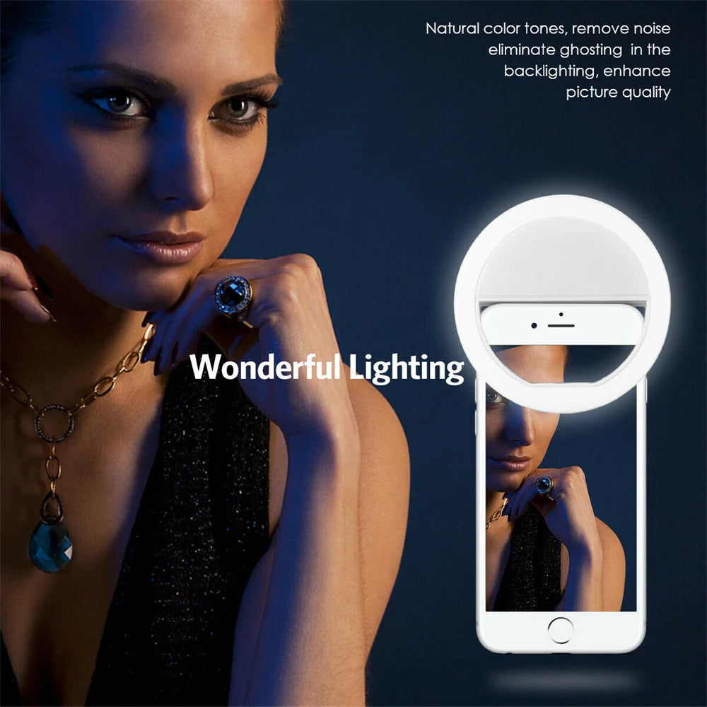 Anneau lumineux LED pour selfie, chargement USB, lampe pour objectif de téléphone portable, diffusion en direct, vidéo, éclairage de remplissage pour tous les smartphones