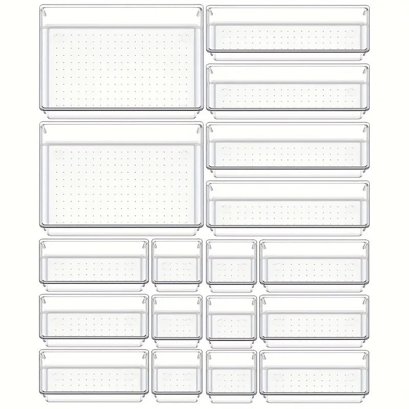 10-Piece Versatile Drawer Organizer Set - Clear Plastic Trays and Dividers in 4 Sizes for Perfect Makeup and Kitchen Storage