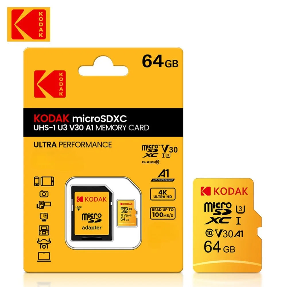 بطاقة ذاكرة Kodak Micro SD بسعة 32 جيجابايت - 256 جيجابايت - فئة عالية السرعة U3 UHS-I للهواتف الذكية والكاميرات الرقمية والأجهزة اللوحية والطائرات بدون طيار Chri